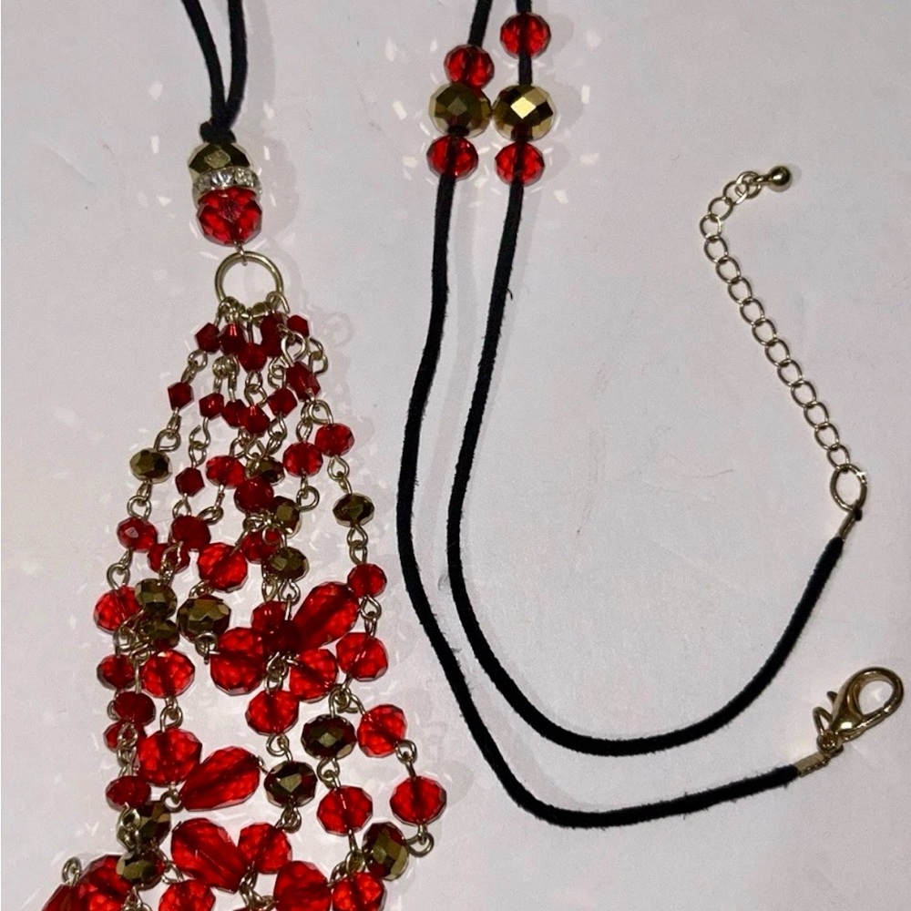Red Multi-Strand Beaded Necklace with Gold Accents